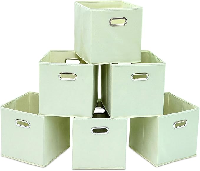 STOREONE Fabric Storage Bins Cubes Baskets Containers-(11X11X11) with Dual Handles Cube Storage Organizer Bins for Shelf Closet, Bedroom Organizers, Foldable Set of 6 (Creamy- White )