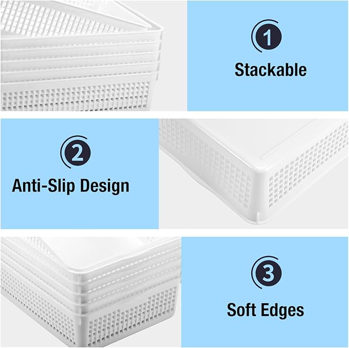 A4 Size Plastic Storage Basket Tray,6 Pack Plastic Paper Storage Trays,Desktop File Paper Letter Organizer Basket for Classroom, Office, Home (White)