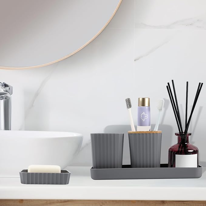 Grey Bathroom Accessories Set, 9 Piece Gray Bathroom Set, Bathroom Accessory Sets Compelete with Trash Can, Toothbrush Holder, Cup, Lotion Dispenser, Tray, Soap Dish, Toilet Brush, Qtip Holders
