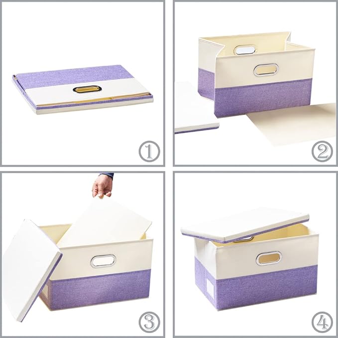 PRANDOM Large Foldable Storage Bins with Lids [3-Pack] linen Fabric Decorative Storage Boxes Organizer Containers Baskets Cube with Handles Divider for Bedroom Closet Purple&Cream(17.7x11.8x11.8)