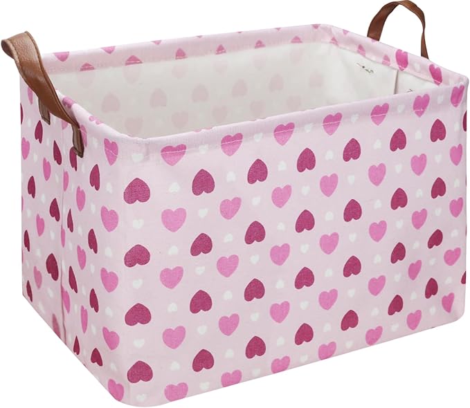 Rectangular Pink Heart Gift Basket Empty,Fabric Storage Basket with Handles,Kids Toys/Books Box,Lovely Storage Bin,Room Decor(Pink Love)