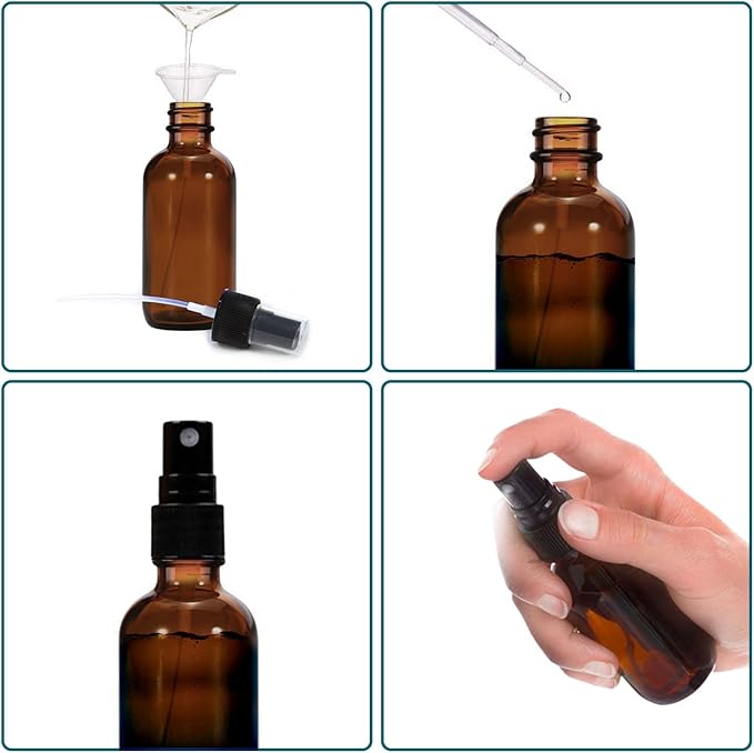 4 oz Amber Glass Spray Bottles for Essential Oils, Small Empty Fine Mist Spray Bottle,2 Pack with Funnel Dropper