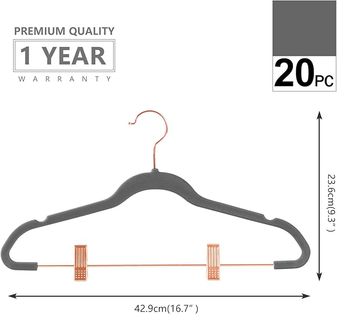 MIZGI Premium Velvet Pants Hangers with Clips (Pack of 20) Slim Skirt Hangers- Non Slip Felt Outfit Dress Hangers Gray - Copper/Rose Gold Hooks,Space Saving Shirt Clothes Hangers
