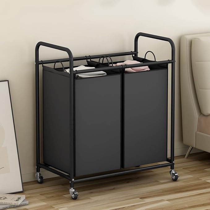 SUOERNUO Laundry Hamper Basket 2 Bag Laundry Sorter Cart with Rolling Lockable Wheels and Removable Bags Laundry Organizer Cart for Clothes Storage, Black