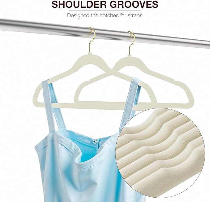 Korpai 50 Pack Beige Velvet Hangers,Coat Hanger Non Slip,Heavy-Duty,Space Saving,Slim Clothes Hangers for Pants,Outfit,Skirts,Suits,Coats,Dresses ect.Felt Hangers with Gold 360°Swivel Hook