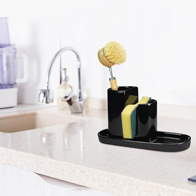 Geelin 3 in 1 Ceramic Kitchen Sink Caddy Dish Sponge Holder Scrub Brush Holder and Soap Tray for Kitchen Organizer Rustic Farmhouse Supplies(Black)