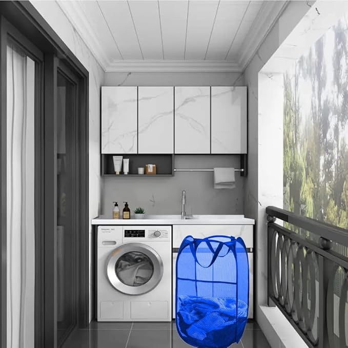 Larpur Mesh Laundry Basket, Pop up Laundry Hamper with Handles, Collapsible Clothes Basket for Travel, College, Dorm, Royal Blue