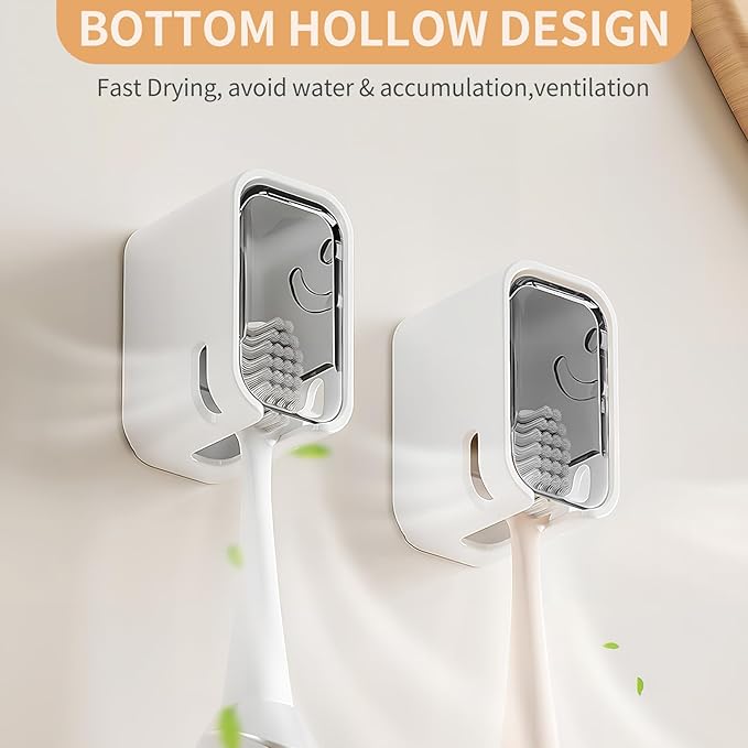 Wall Mounted Toothbrush Holders for Bathroom,Strong Self Adhesive Tooth Brush Holder with Cover, Toothbrush Heads Organizer for Family, 2 Pcs