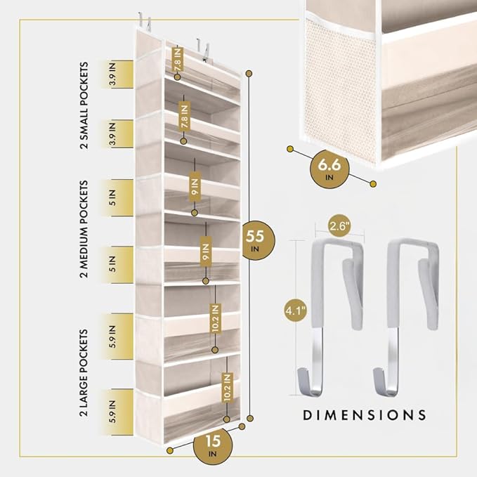 HOMELUX THEORY UPGRADED 6 Tiers Over The Door Organizer Hanging - 100D EXTRA THICK & 50lbs HUGE CAPACITY, 12 Side Mesh Pockets Over The Door Shoe Organizer, Hanging Closet Organizer (Ivory, 1pc)