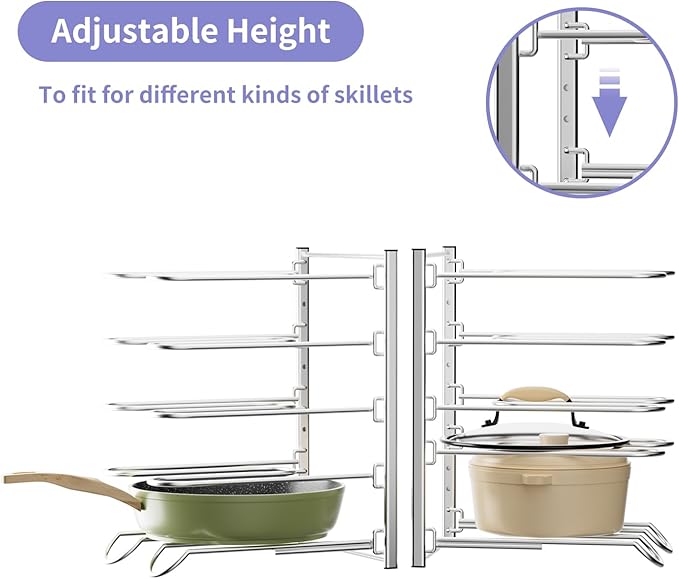 JAQ Pots and Pans Organizer, 13.18 inch Heavy Duty Pot Lids Rack Holder Adjustable Height for Muffin Tins, Baking Sheets, Skillets,Cookware,Bakeware in Cabinets Shelf Countertop Pantry