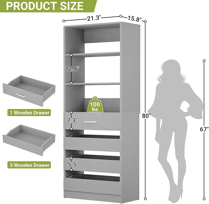 Aheaplus 21.3" Closet System with 4 Drawers, Wood Closet Organizer with Open Shelves, Modular Drawers System Tower, Walk-in Closet Small Wardrobe Rack, Tall Storage Cabinet Unit, Grey1
