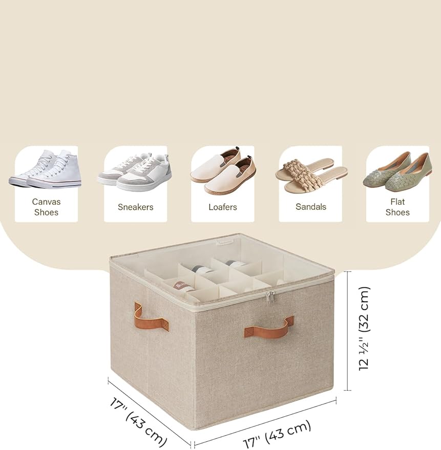 StorageWorks Shoe Organizer for Closet, Fits up to 16 Pairs, Shoe Cubby Storage Containers with Adjustable Dividers and Clear Cover, Taupe | Fits up to 16 Pairs, Clear Cover