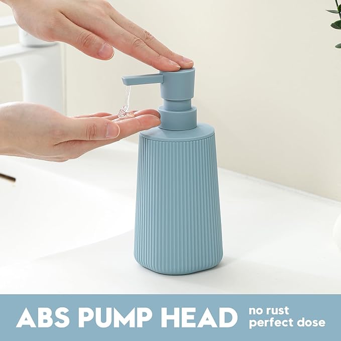 Small Soap Dispenser for Bathroom and Kitchen, Modern Farmhouse Striped Style Plastic Hand Soap Dish Soap Dispenser with Pump Teal Blue
