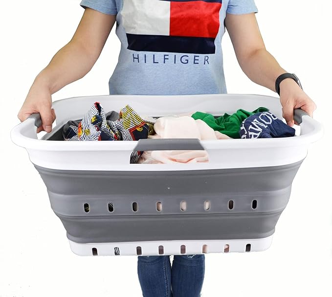 SAMMART 42L (11 gallon) Collapsible Plastic Laundry Basket - Foldable Pop Up Storage Container/Organizer - Space Saving Hamper/Basket (1, White/Dark Grey)