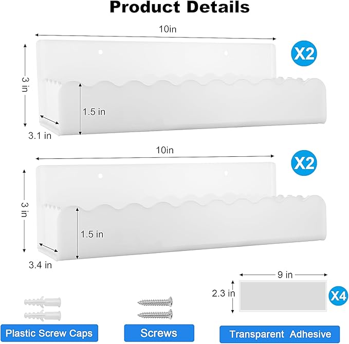 10 inch Spice Rack Wall Mounted,4 Pack Spice Organizer Shelf for Stove Cabinet Pantry Door, Adhesive or Screw Hanging Wall Spice Shelf Storage Holder in Kitchen and RV - White Color