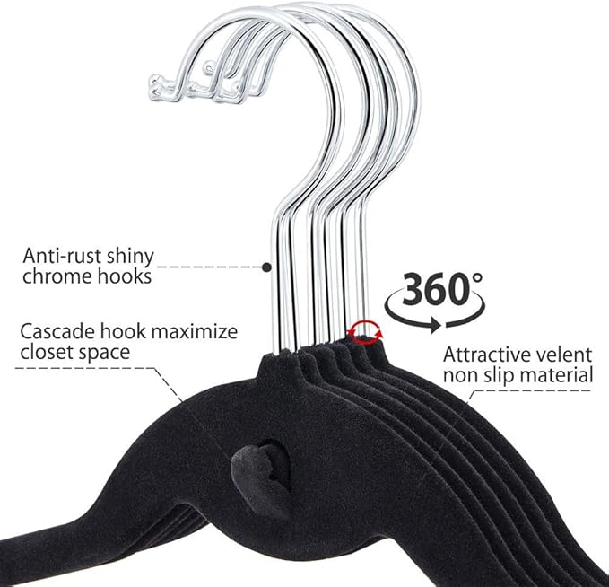 Yaheetech 100 Pack Non Slip Cascading Velvet Hangers - Standard Hangers Felt Suit Clothes Hangers Space Saving 360° Swivel Hook Black