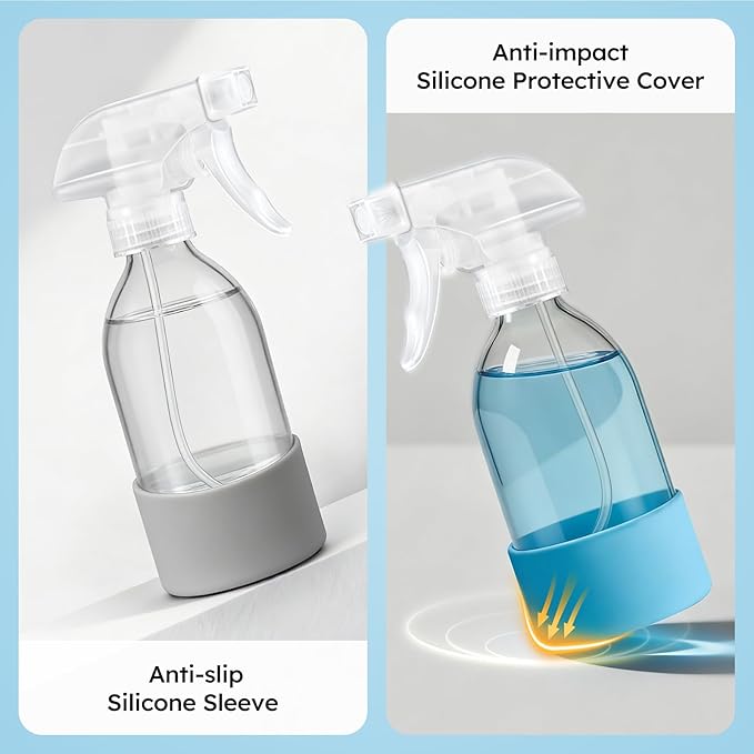 Tecohouse 2 Pack 360° Glass Spray Bottles with Silicone Sleeve, 8 oz Clear Empty Refillable Containers with Adjustable Spray Nozzles, Dark Spray Bottles for Cleaning Solutions, Plants (Blue & Grey)