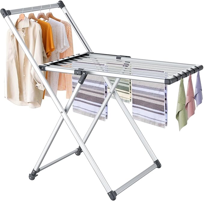 Unkqan Clothes Drying Rack, Foldable Laundry Rack for Indoor Outdoor, 10pcs Sock Clips, Collapsible Space-Saving Drying Rack for Clothes Towels Dolls, White (Gray)