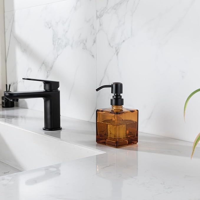 Square Bathroom Soap Dispenser Amber Bottle with Oil Rubbed Bronze Pump, Retangle Cube 8.4 oz Glass Bottles with Stainless Steel Pump Hand Liquid Soap Dispenser Kitchen