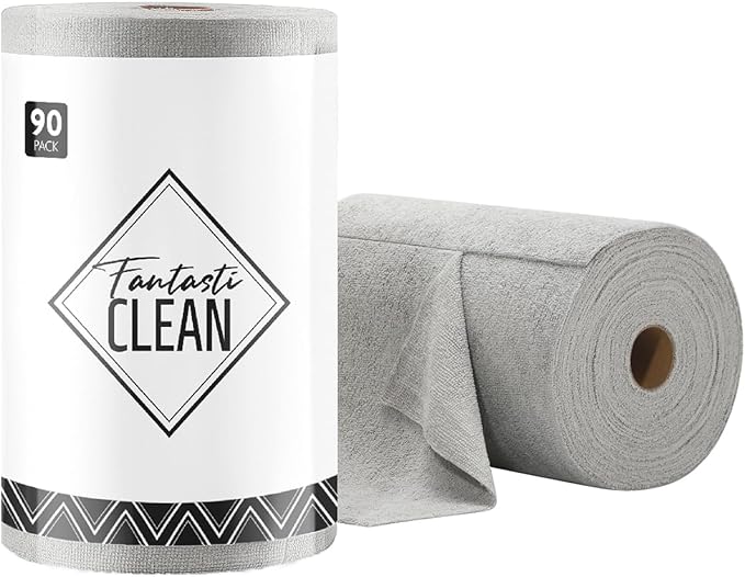 Fantasticlean Microfiber Cleaning Cloth Roll -90 Pack, Tear Away Microfiber Towels, 12" x 12", Reusable, Washable, Lint Free, Ultra Absorbent Dishcloth for All-Around Cleaning Supplies (Grey)