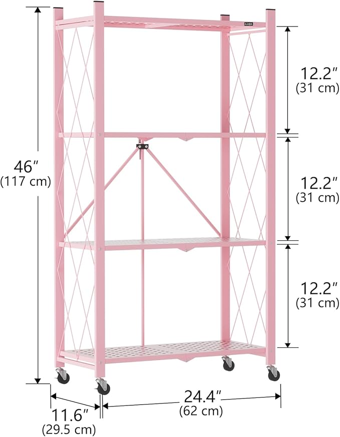 ALANNG Heavy Duty 4-Tier Folding Shelf with Wheels, No Tools Assembly Metal Storage Rack Cart, 264LBS Capacity for Kitchen, Pantry, Laundry Room, Garage, (Pink, 2PACK)
