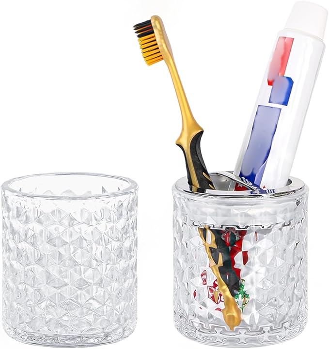 2pcs Toothbrush Holders for Bathrooms,Glass Toothbrush Holder and Bathroom Tumbler Set,Toothbrush and Toothpaste Holder with Divider,Bathroom Toothbrush Cup Holder (Clear and Silver)