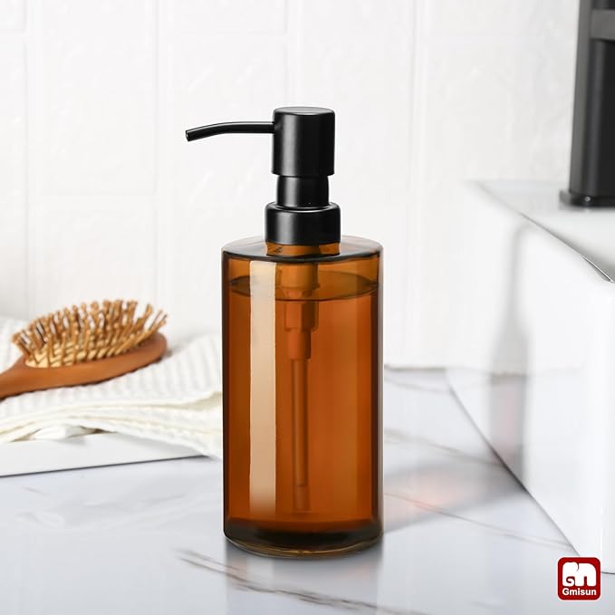 GMISUN Amber Glass Soap Dispenser, Hand Soap Dispenser for Bathroom, Dish Soap Dispensers for Kitchen, 12 fl oz/350ml Glass Bottle with Stainless Steel Pump, Modern Refillable Liquid Lotion Bottles