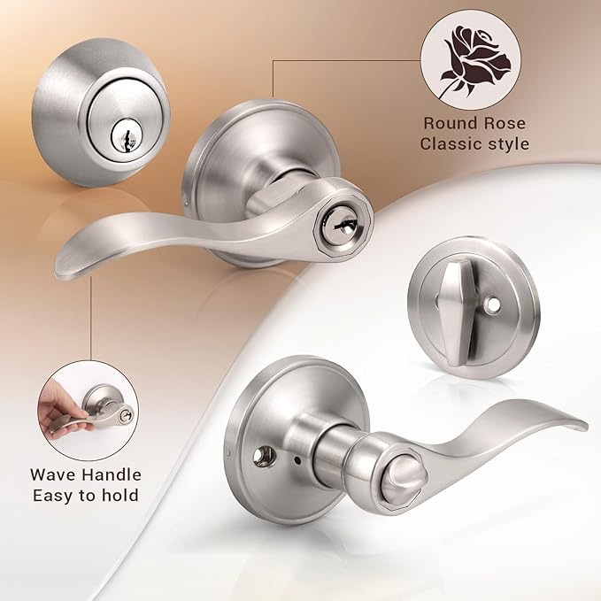 Knobonly 5 Sets of Front Exterior Door Knob Set with Single Cylinder Deadbolts in Satin Nickel Finish, All Keyed Same Combo Pack, Wave Style Entry Door Lever Locks with Combinations