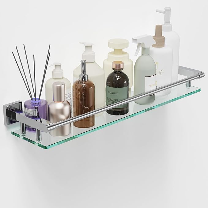 SFGSOWOR Glass Shelf for Bathroom Wall Sheves 24 inches Rectangular Stainless Steel Tempered Glass Modern Wall Mount Accessories Organizers Storage (Chrome Polished, 24‘’)