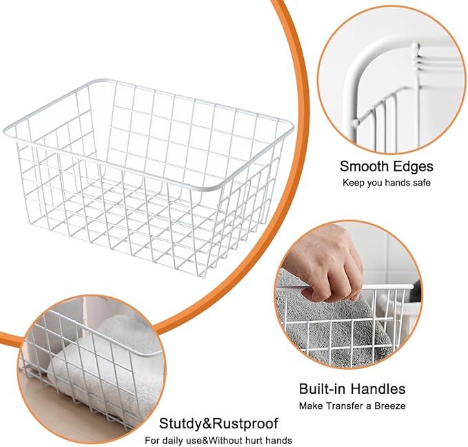 4 Pack White Wire Baskets for Pantry, 11" Upright Wire Freezer Storage Bins with Handles, Small White Metal Storage Basket for Freezer Organizing Office Kitchen Closets