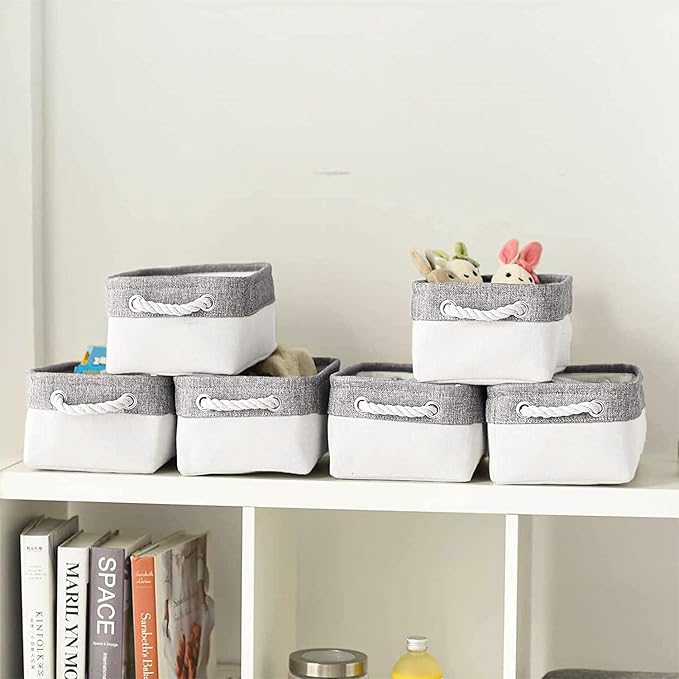 Sacyic Storage Bins - Storage Baskets for Shelves Storage Cubes with Handles Small Baskets for Organizing (Gray and White 11.8 x 7.9 x 5.2 inch)