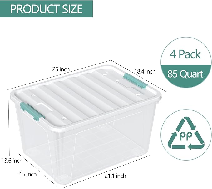 Aninhao 85 Quart Clear Plastic Storage Bin with Wheels, 4-Pack Large Latching Storage Box with Lid