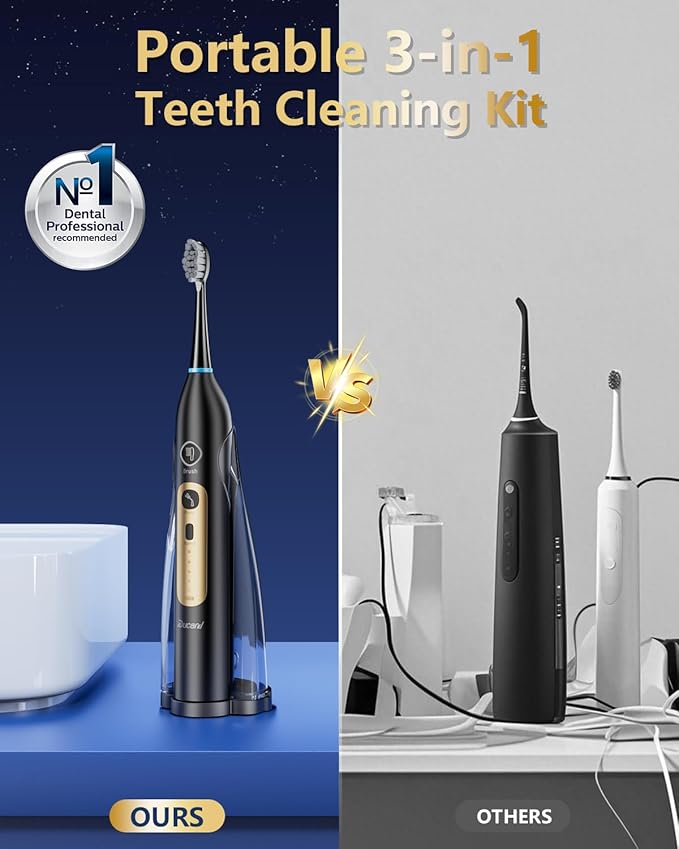 Electric Toothbrush with Water Flosser Combo, Professional Flossing Toothbrush with 3 Sonic Brush Modes & 5 Water Pressures, Cordless Water Flosser for Adults Teeth Cleaning Plaque Removal
