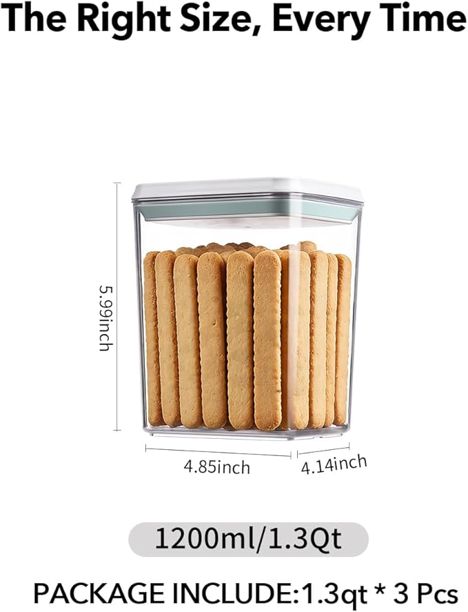 Airtight Food Storage with One-Touch Lid, (3 × 1.27 QT / 1.2 L) Stackable Durable PET for Sugar, Grains, Coffee Beans, and Baking Pantry Organization