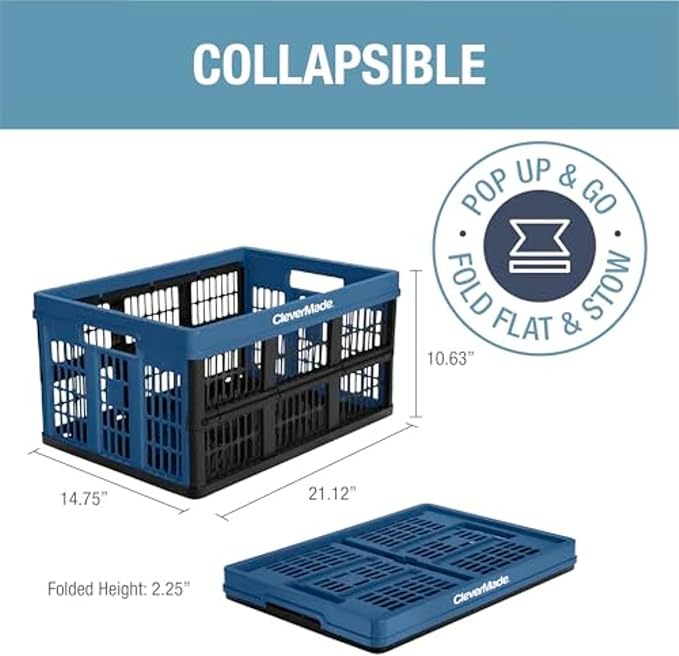 CleverMade Collapsible Utility Crates, - Ocean 3 Pack 45L / 11 Gal, Polypropylene (PP), Holds 66 lbs - Stackable Containers Heavy Duty Capacity Crates Space-Saving Baskets