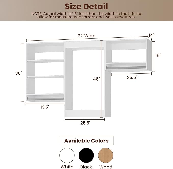 ROOMTEC Modular Closet System, 72" Closet Organizer with Hanging Rods, Wall-Mounted Wooden Tower for Walk-In Closets, Wardrobe Storage Kit, White