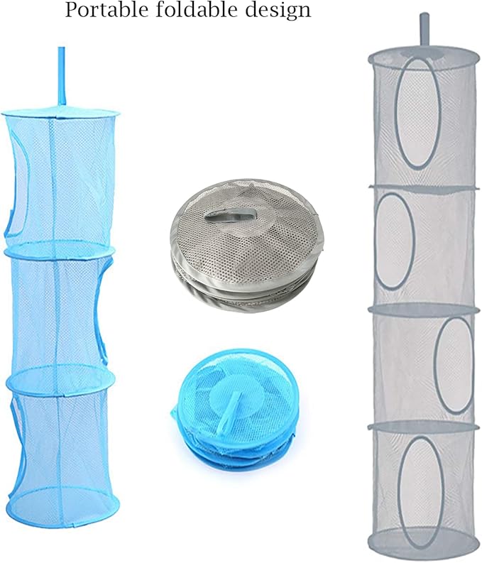 2pcs Hanging Mesh Storage Organizer Bag Foldable Space Saving Organizer with 2pcs S Hooks for Room Bathroom Wall Balcony Wardrobe(Grey，Blue)