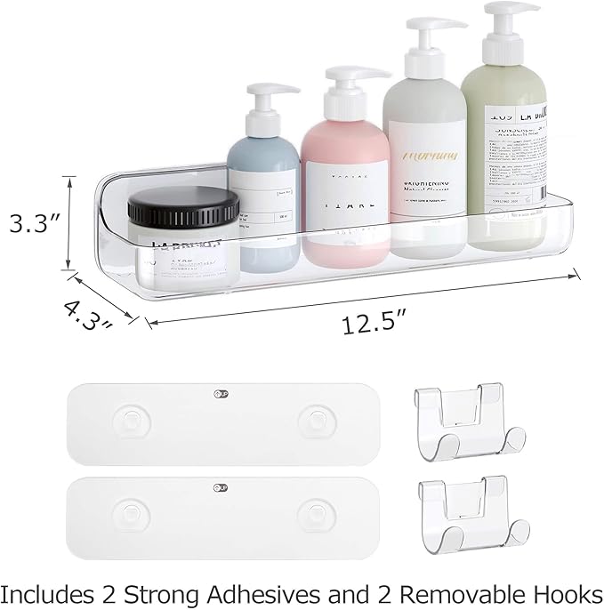 UDD Acrylic Clear Shower Caddy Shower Organizer, Plastic Adhesive Shelf with Hook and Self Adhesive Tape, No Drilling Wall Mount Shower Shelves for Bathroom Kitchen, Transparent