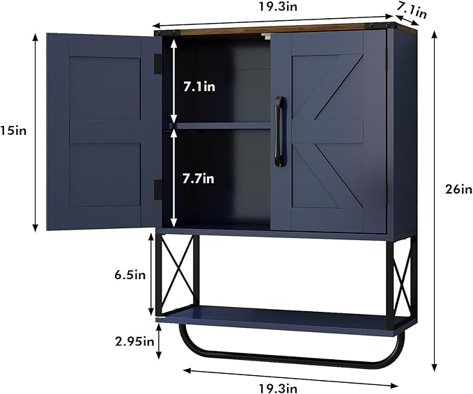 RUSTOWN Farmhouse Medicine Cabinet with 2 Barn Door, Boho Wood Wall Mounted Storage Cabinet with Adjustable Shelf and Towel Bar, 3-Tier Bathroom Cabinet for Bathroom (Navy Blue and Walnut)
