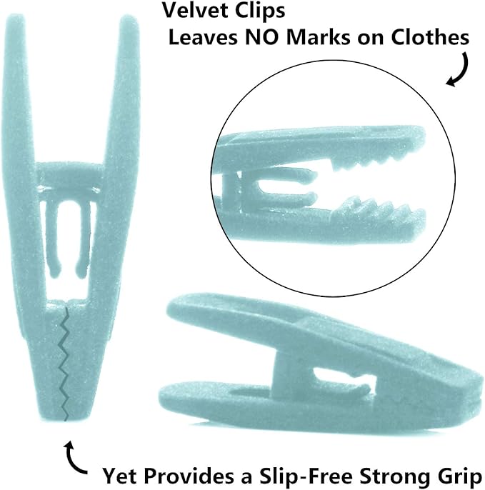 Velvet Hangers, Non-Slip Ultra Slim Space Saving Hanger, with notches, tie bar, and Swivel Hooks, 30 Pack, with Bonus 20 Matching Velvet Finger Clips. Blue (Aqua)