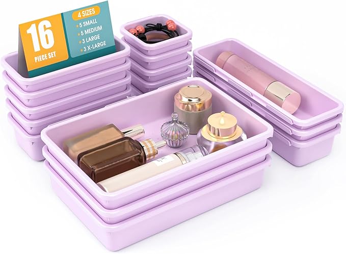 16 PCS Drawer Organizer Set, 4 Size Makeup Drawer Divider Organizer With Non-Slip Pads, Interlocking Plastic Storage Bins for Office,Jewelry Vanity,Gadgets, Bathroom,Kitchen, Purple
