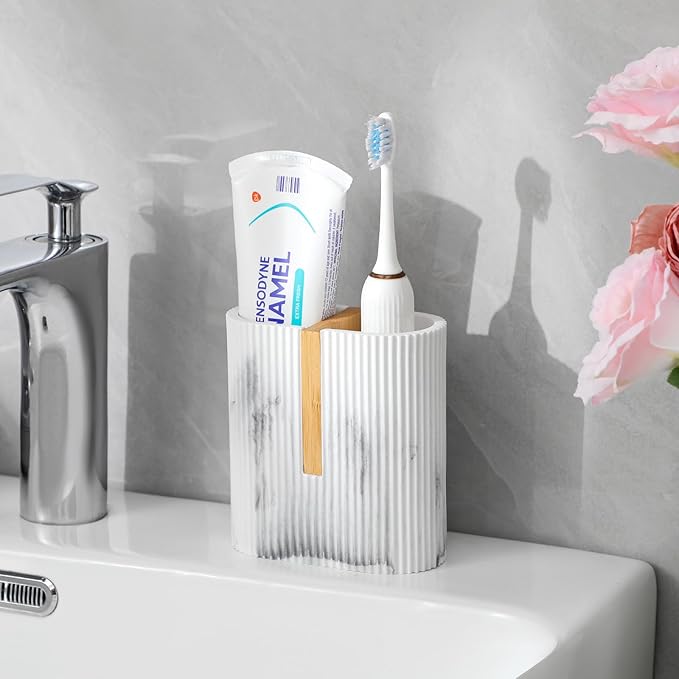rejomiik Toothbrush Holders Electric Toothbrush Holder for Bathrooms, Bamboo Tooth Brushing and Toothpaste Storage Organizer for Sink, Countertop, Marble White
