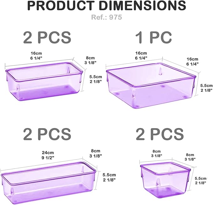 Acrimet Drawer Organizer Modular, Box Tray Storage Bins for Office, Home, Makeup, Kitchen, Junk Drawer (7 Units - 4 Sizes) (Clear Purple Plastic)
