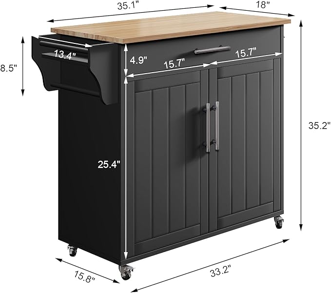 Kitchen Storage Island, Wooden Rolling Kitchen Island On Wheels with Countertop, Mobile Kitchen Island Cart with Towel Rack, Spice Rack and Drawers, Black