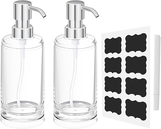 Soap Dispenser Set of 2, Clear Plastic Hand Soap and Dish Soap Dispenser for Kitchen and Bathroom, 10oz Refillable Containers with Waterproof Labels & Rust Proof ABS Pumps