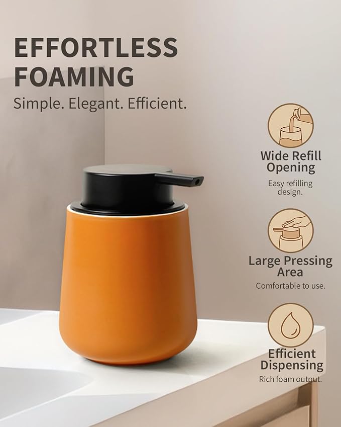 BosilunLife Foam Hand Soap Dispenser - 12 oz Bathroom Hand Pump Dispenser Foaming Soap Dispenser Ceramic Dish Wash Dispenser for Kitchen, Orange