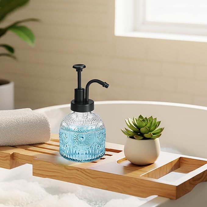 SheeChung Vintage Soap Dispenser, Kitchen Dish Soap Dispensers with Pump Mat, Glass Hand Soap Dispenser for Bathroom, Liquid, Lotion, Refillable, Rustic Farmhouse Decor-Clear (Black Pump, 1 pk)