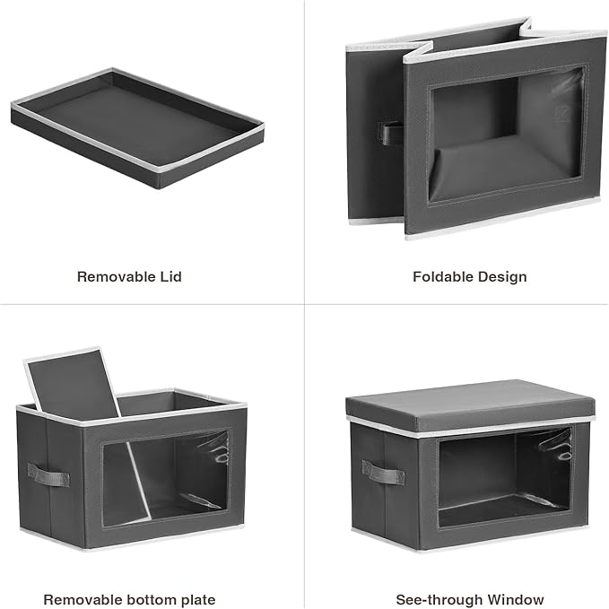 Stackable Storage Bins with Lids - Medium Storage Box with Lids, Foldable Closet Boxes for Organizing, Wardrobe Clothes Organizer with Window, Cubes Bins for Living Room, 5 Pack, Dark Grey