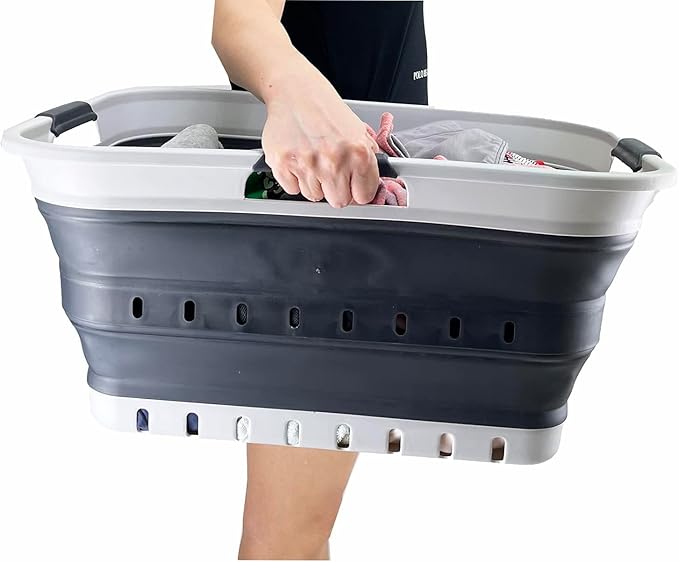 SAMMART 42L (11 gallon) Collapsible Plastic Laundry Basket - Foldable Pop Up Storage Container/Organizer - Portable Basket - Space Saving Hamper/Basket (Grey/Charcoal Black (Set of 2))