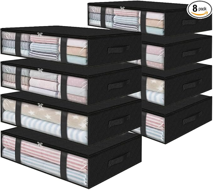 StorageRight Under Bed Storage Bins, 8-Pack 40L Foldable Fabric Storage Bags with Transparent Window, Breathable Organizer for Clothes/Blanket/Comforter/Quiltr, Black